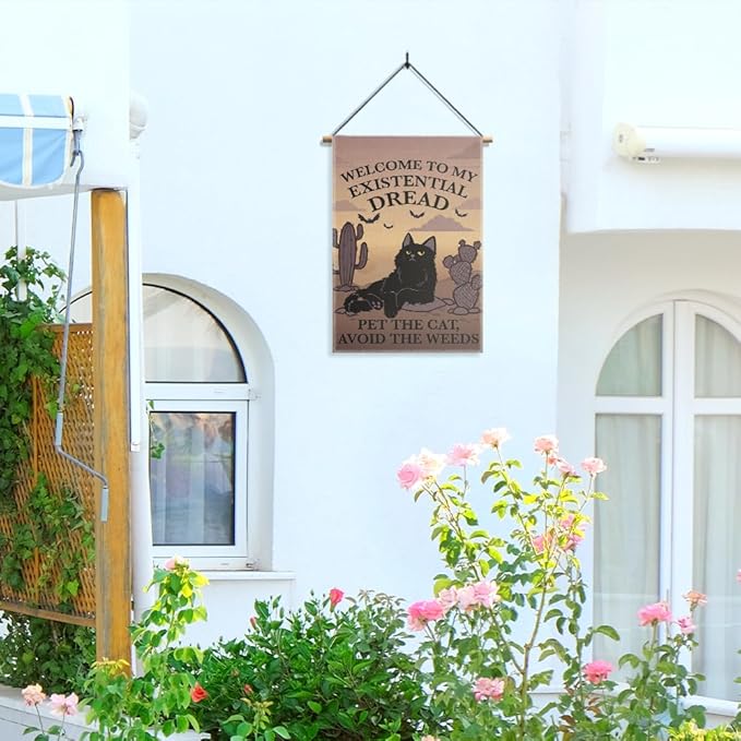 Welcome to My Existential Dread Pet The Cat Avoid The Weeds Garden Flag, Funny Bats Halloween Yard Sign for Outside, Cute Black Cat Fall Halloween Yard Decor, Housewarming Gifts for Pet Lover