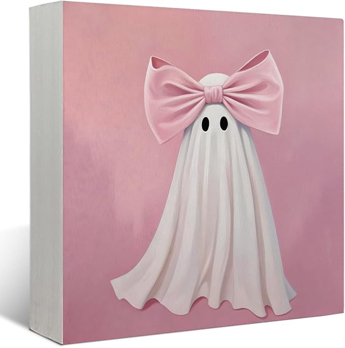 Mtrgdn Cute Halloween Decor,Halloween Decorations Indoor,Pink Ghost with Bow Desk Decor Wooden Box Sign,Halloween Home Office Kitchen Bathroom Bedroom Coffee Bar Table Shelf Wall Decorations,5x5 Inch