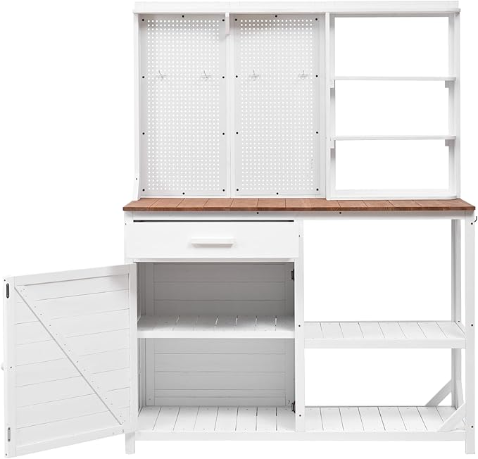Fir Wood Potting Bench with Hutch - Outdoor Garden Workstation with 4 Shelves, Drawer & Adjustable Storage, 50.2" Countertop, & Pegboard (White + Wood + Rustic)