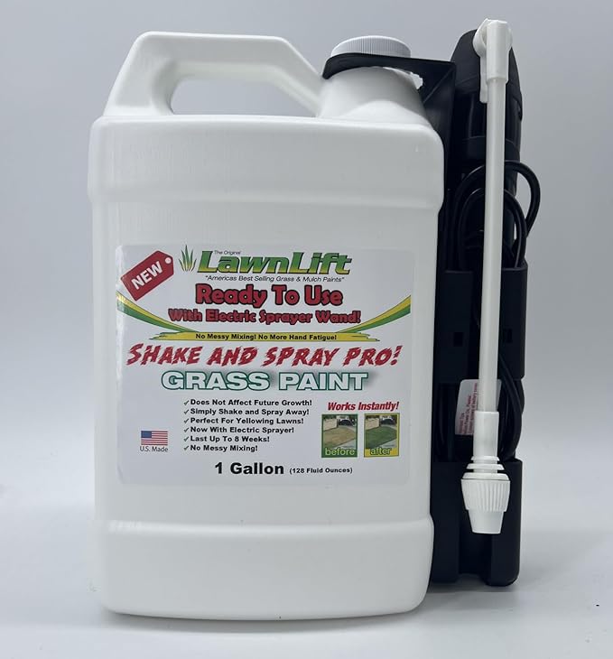 LawnLift 1-gallon ready to use grass paint, shake and spray pro with electric sprayer wand. No more messy mixing. Instantly transform your lawn.