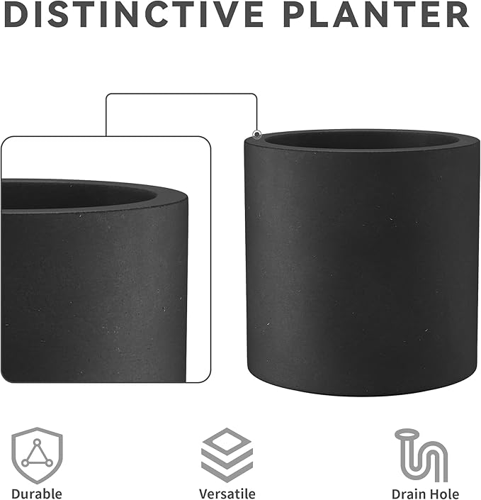 Kante 15.7" Dia Round Concrete Planter, Modern Style Large Cylindrical Plant Pot with Drainage Hole and Rubber Plug for Indoor Outdoor Patio, Burnished Black