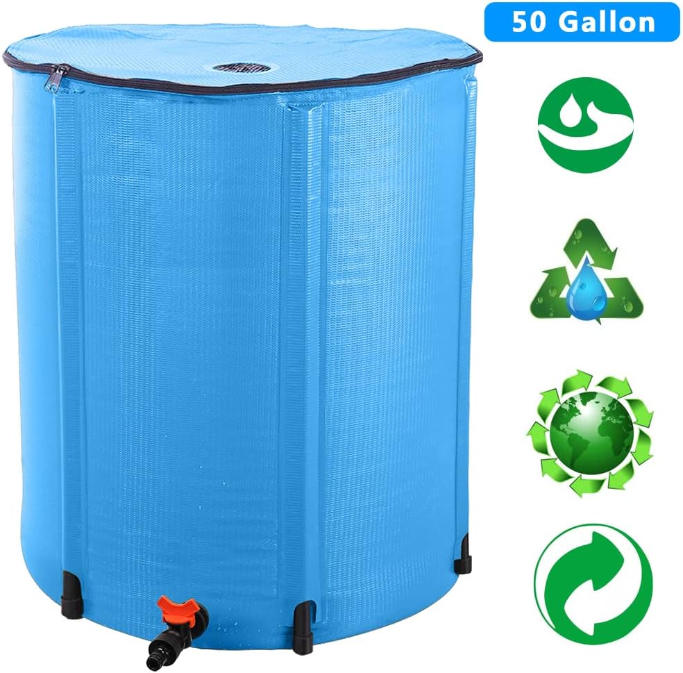 Collapsible Rain Barrel, 50 Gallon Portable Rainwater Collection System, Water Storage Tank, Rain Catcher Barrel with Spigots and Overflow Kit, Rain Water Barrel Collector for Garden, Blue
