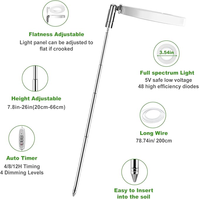 LORDEM Grow Light, Full Spectrum LED Plant Light for Indoor Plants, Height Adjustable Growing Lamp with Auto On/Off Timer 4/8/12H, 4 Dimmable Brightness, Ideal for Small Plants, 2 Packs