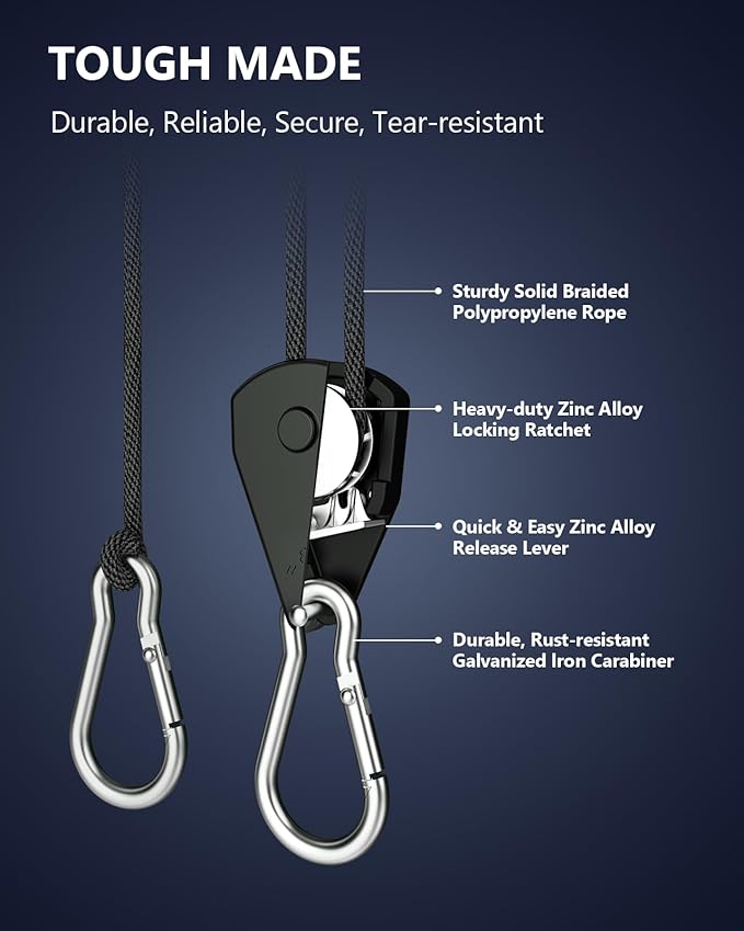 VIPARSPECTRA Retractable Heavy Duty Ratchet Tie Down Straps [2 Pack, 8ft, 75lbs/Pack], Rope Pulley System with Carabiner Hook for Hanging Plants/Grow Light/Tents Various Tie-Down Uses