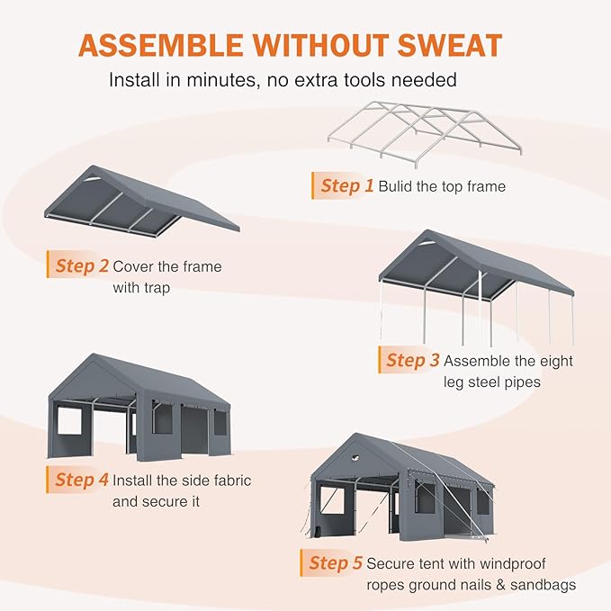 Carports 10X16 Heavy Duty，Portable Car Port Garage，Carport Canopy with Side Doors，Outdoor Car Shelter All Weather,Grey
