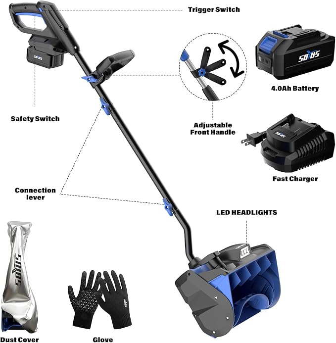 SOYUS Cordless Snow Shovel, 20V Electric Snow Blower, 12-Inch Clearing Width & 20-Ft Snow Throw, with LED Spotlight and Adjustable Front Handle (4.0Ah Battery, Quick Charger and Dust Cover Included)