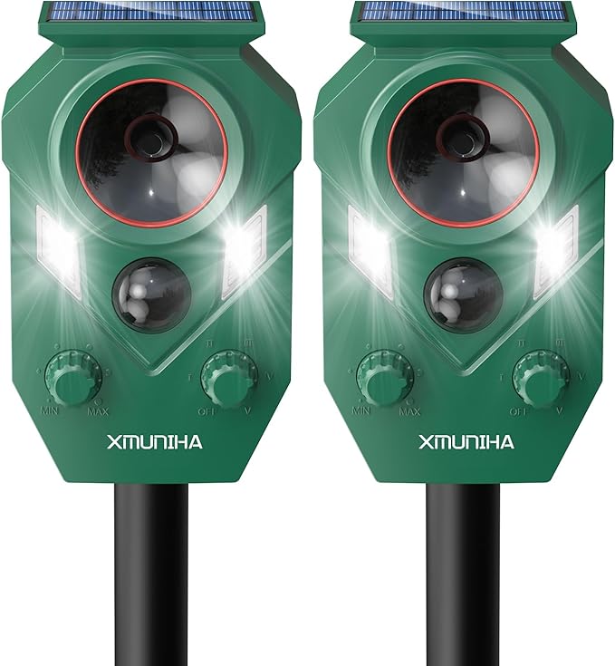 Solar Ultrasonic Animal Repellent Outdoor, 2 Pack Deer Repellent for Yard with RIP Sensor, IP65 Waterproof Squirrels Repeller, Effective Deterrent Cat, Raccoons, Skunks, Rabbits