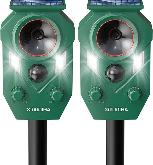 Solar Ultrasonic Animal Repellent Outdoor, 2 Pack Deer Repellent for Yard with RIP Sensor, IP65 Waterproof Squirrels Repeller, Effective Deterrent Cat, Raccoons, Skunks, Rabbits