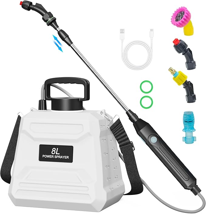 Battery Powered Sprayer 2 Gallon, 7.4V Powerful Electric Sprayer with 4 Nozzles, Rechargeable Handle with 36.22'' Retractable Wand, Adjustable Shoulder Strap, Weed Sprayers in Lawn Garden Yard (Beige)