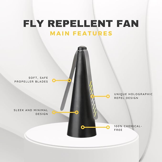 FlyRepellent Fan for Tables – USB Powered/AA Battery Powered, Soundless Fly Swatter with Holographic Blades – Portable Fly Fan for Bees, Wasps & Outdoor Use (1, Silver)