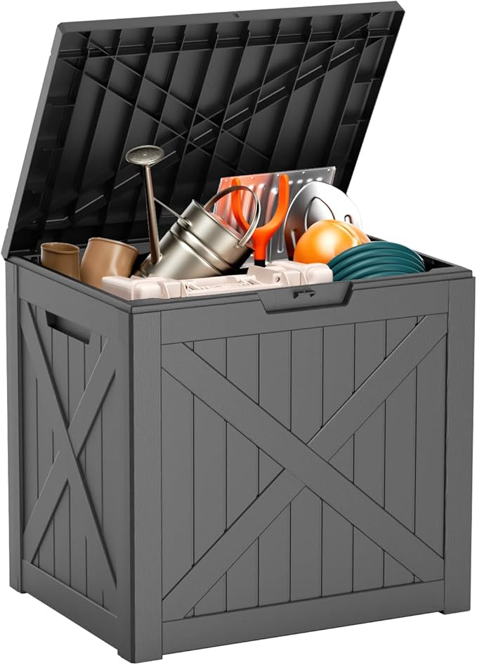 Resin Deck Box - 32 Gallon Lockable Outdoor Storage, Water-Resistant Indoor/Outdoor Bin for Package Delivery, Patio Cushions, Gardening Tools