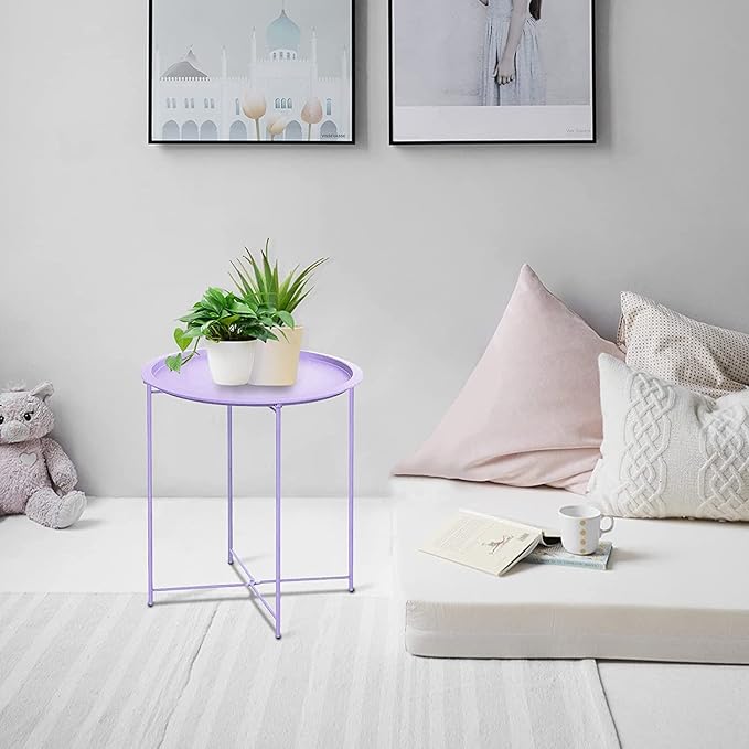 Garden 4 you End Table 2 PCS Metal Side Table Purple Round Folding Tray Cyan Sofa Small Accent Fold-able Table, Round End Table Tray, Next to Sofa Table, Snack Table for Living Room and Bed Room