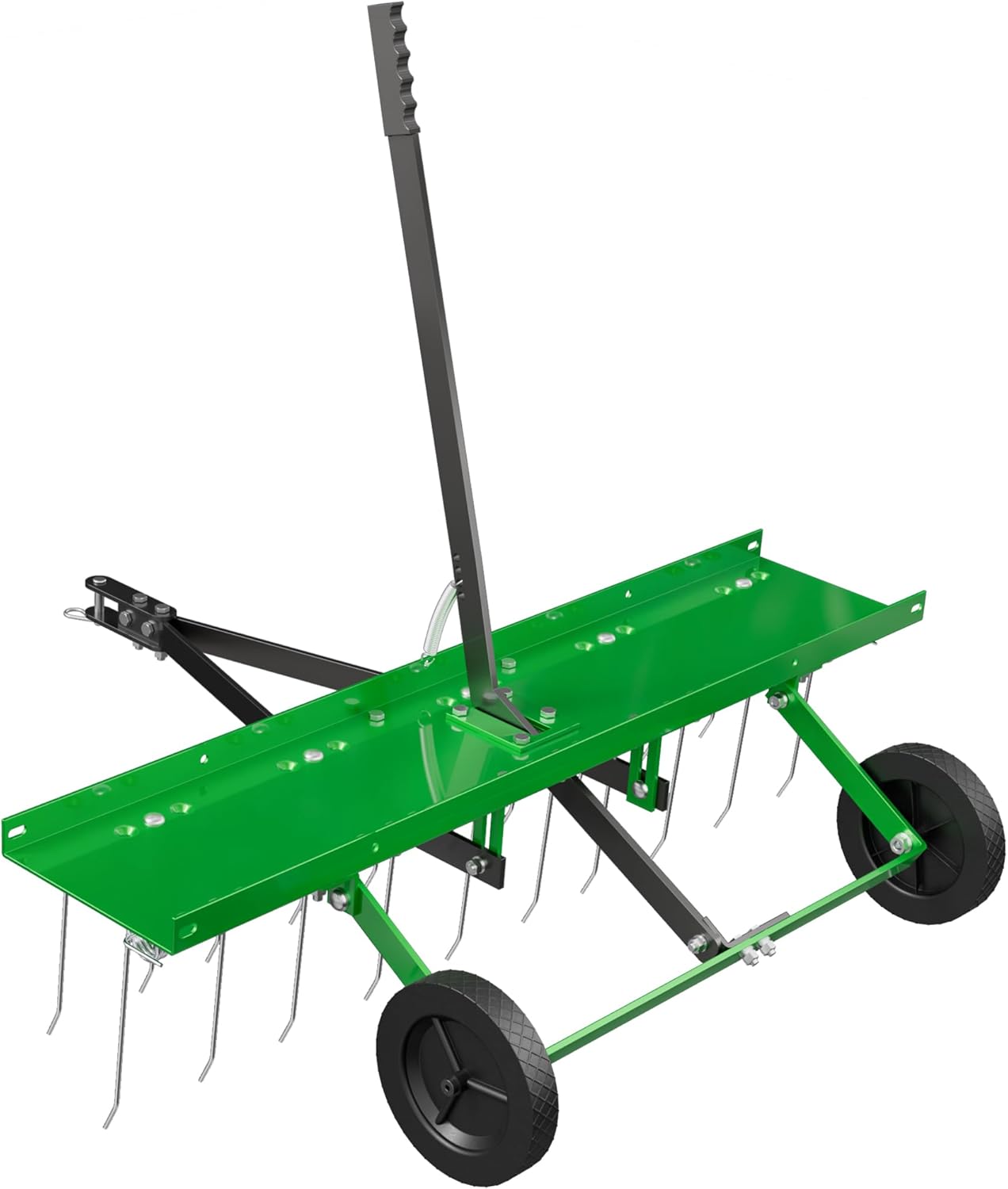40 Inch Green Tow-Behind Dethatcher with 20 Spring Steel Tines, Pull Dethatcher for Outdoor Yard Care, Garden Farm Grass Tractor Rake to Remove Thatch, Leaves and Needles from Large Lawn Areas