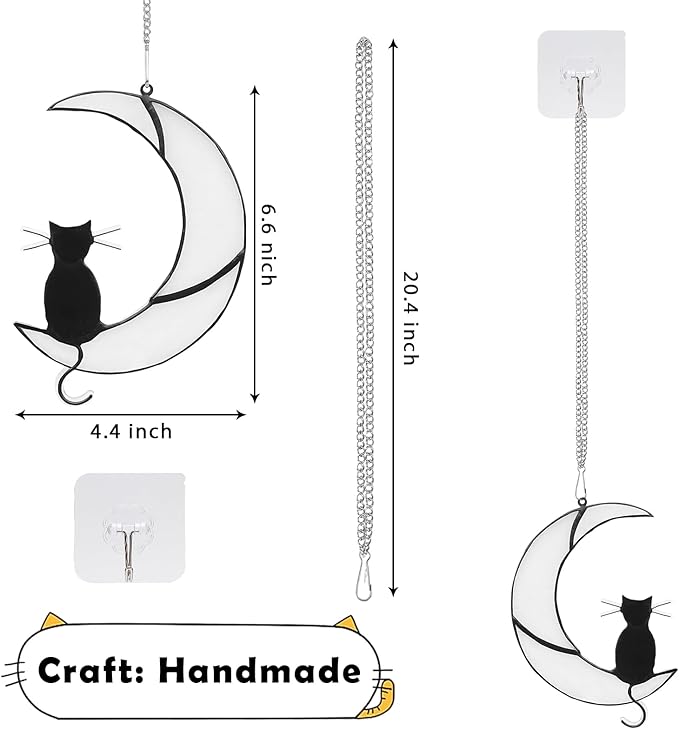 Black Cat Decor on White Moon Acrylic Sun Catcher Stained Window Hanging Ornament Halloween Decorations Cat Suncatcher for Women Pet Memorial Gifts Lovers Loss Sympathy Gifts Home Garden Panels
