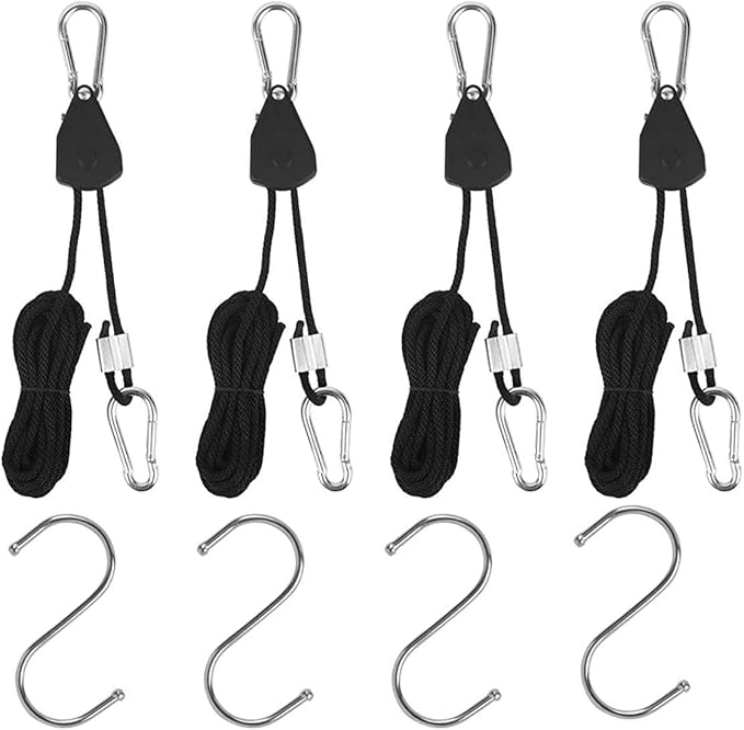 Grow Light Rope Hanger 2Pairs， Adjustable Rope Ratchet Hangers 150 Lbs per Pair with Stainless Steel 2.5" S Hook