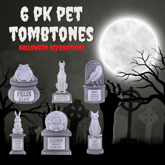 3-D Metal Halloween Pet Cemetery 17" Tombstones - Full Set of 6 w Stakes -Durable, Rustproof, UV Raised Printing- Upgrade Your Haunted House Mansion Cemetary Lawn Decor- No More Flimsy Foam Graveyards