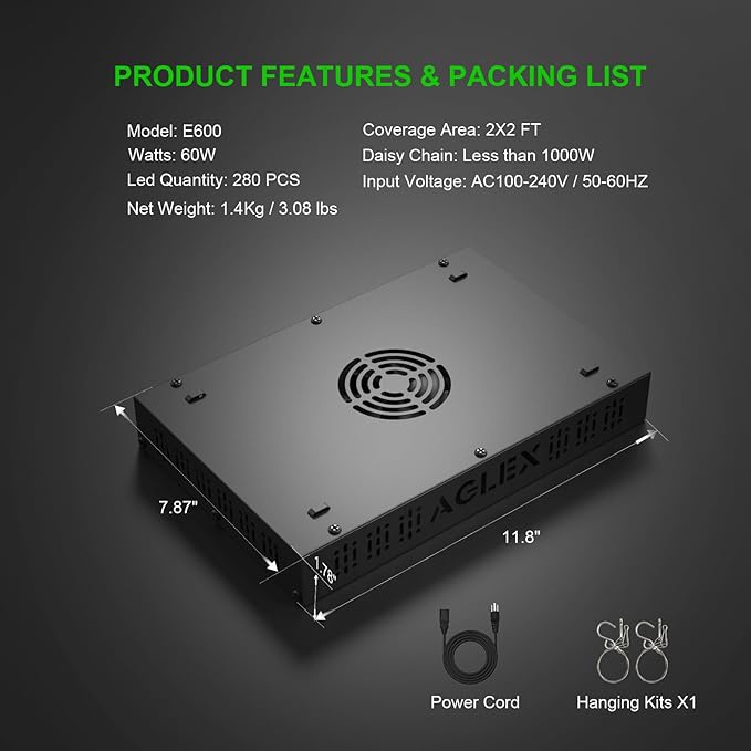 AGLEX E600 LED Grow Light, Full Spectrum Grow Light with UV IR Diode, Grow Lights for Indoor Plants with Daisy Chain & Built-in Silent Fan, Plant Growing Lamps for 2x2 FT Coverage