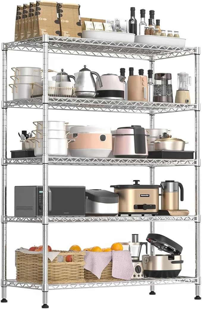 Land Guard 5 Tier Chrome Storage Racks and Shelving - 48" L x 20" W x 72" H Heavy Steel Material Pantry Shelves - Each Unit Loads 350 Pounds Wire Shelf, Suitable for Warehouses, Closets, Kitchens