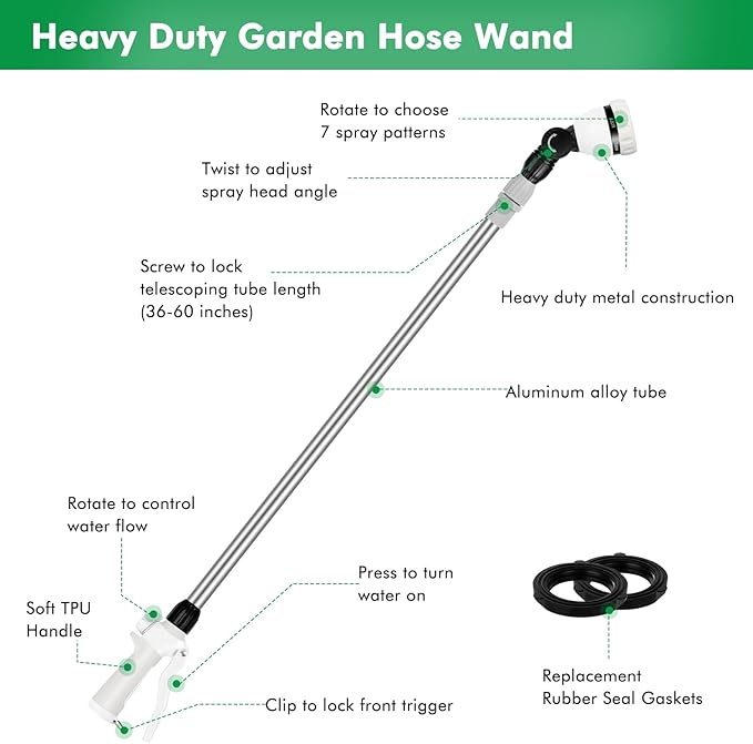 RESTMO 36”-60” Metal Watering Wand, Long Telescopic Tube | 180° Adjustable Ratcheting Head | 7 Spray Patterns | Flow Control, Garden Hose Sprayer to Water Hanging Baskets, Shrubs, White