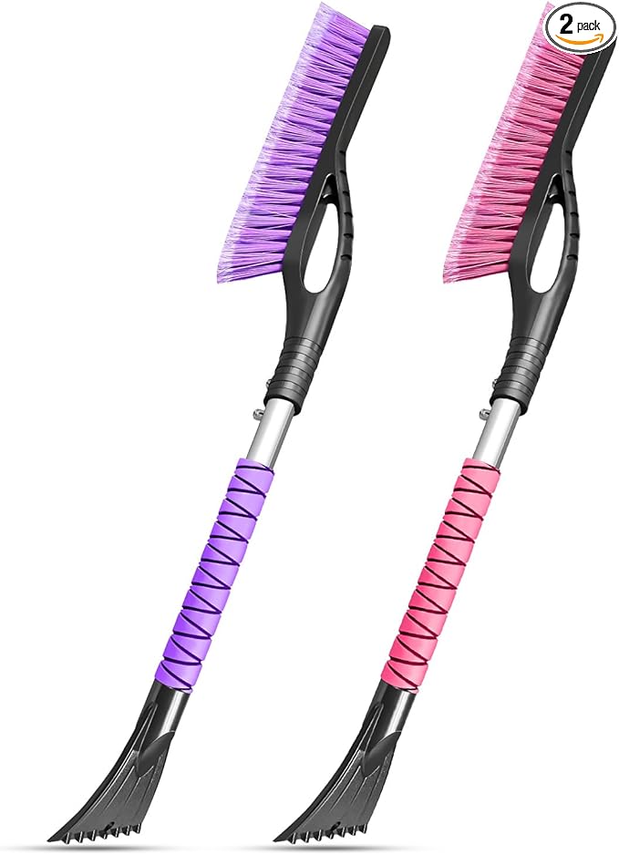 HEEYA 2 Pack 27 Inch Ice Scraper and Brush for Car, Snow Brush and Ice Scraper with Foam Grip, Detachable Snow Scraper for SUV Truck Jeep Vehicle Auto Windshield Window - Purple & Pink