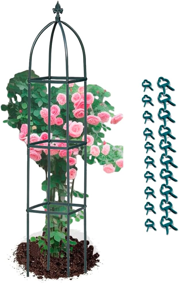 Garden Trellis for Climbing Plants Outdoor - Powder-Coated Steel 63" Metal Trellis Towering Plant Support - Heavy Duty Obelisk Trellis for Climbing Vine, Vegetables & Flowers,Deep Green