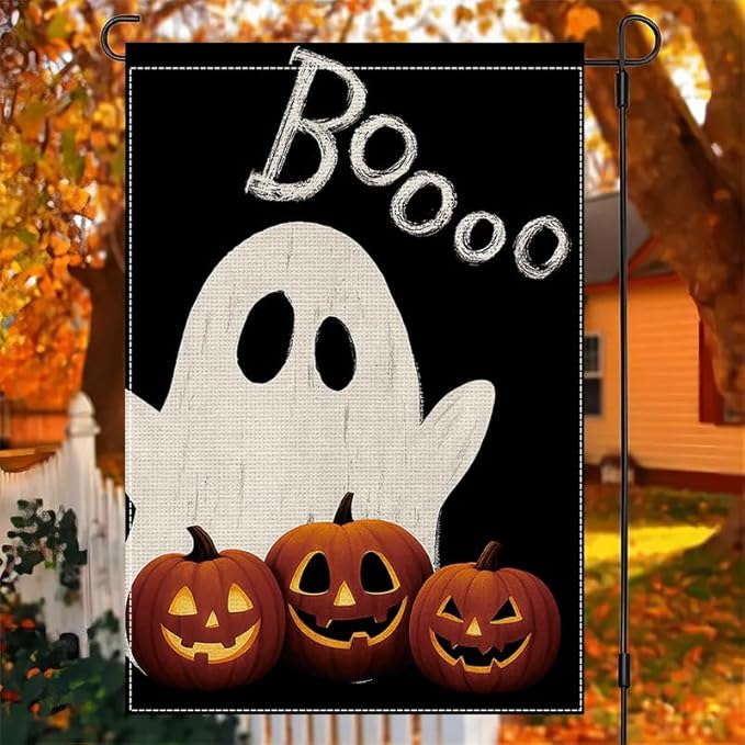 Halloween Garden Flag 12x18 Inch Double Sided, Boo Ghost Pumpkin Yard flag, Spooky Outdoor Halloween Party Decoration for Porch, Patio, Lawn, Garden, Indoor & Outdoor Décor