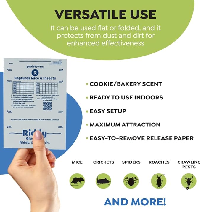 Riddy Glue Boards, 18 Boards, Pre-Baited, Ready to Use Mouse Traps Indoor for Home, Sticky Adhesive for Bugs and Rodents, 5.5" x 7.5"