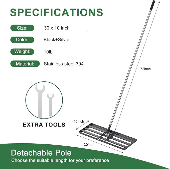30x10 inch Lawn Leveling Rake, Yumatum 72" Effort Saving Lawn Leveler Tool, Stainless Steel Handle Lawn Leveler for Golf Course Yard Pasture Garden, Professional Lawn Care Landscape Rake