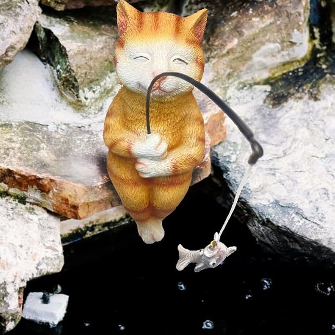 Cat Fishing Statue Garden Decor – 9.8" Weatherproof Resin Cat Fishing Sculpture Decor for Fish Ponds, Koi Ponds, Waterfalls, Poolside & Outdoor Gardens– Resin Figurine for Indoor & Outdoor Décor