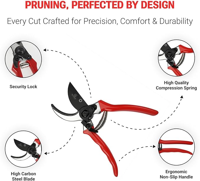 HortiSnip 8-Inch Bypass Pruning Shears, Professional Garden Shears with Sharp Steel Blade, Heavy Duty Pruners for Gardening, Plant Trimming, Cutting Stems & Branches