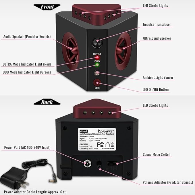 4-in-1 Ultrasonic Rodent Repellent Plug-in Electronic Mice Repeller Rat Deterrent, Pest Control Device with Ultrasound, Electric Impulse, Flashing Lights, Predator Sounds, Indoor Mouse and Rat Control