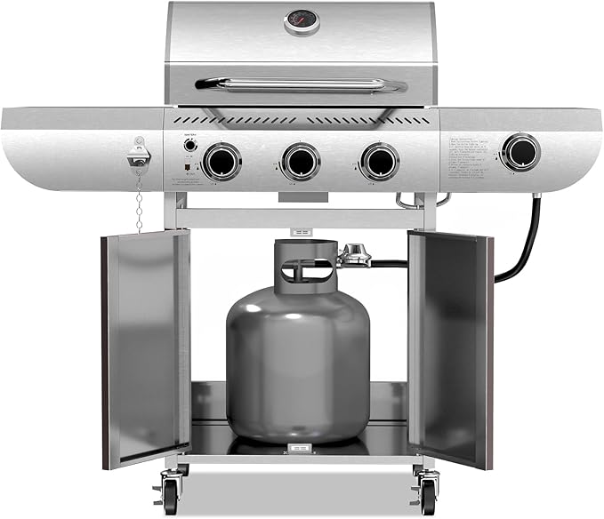 R.W.FLAME 3-Burner Propane Gas Grill With Sider Burner,304 Stainless Steel Propane Grill 34,000BTU,Multifunction & Protable Outdoor Barbecue Grill with Casters for Camping & Parties