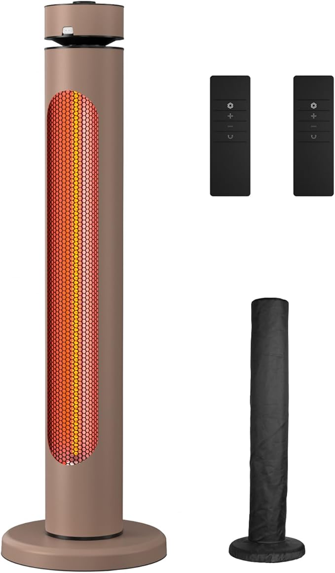 Portable Heater Outdoor Infrared 1500W 8 Heat Levels 8H Timers Carbon Fiber Tube Tip-Over&Overheat Protection IP65 Waterproof Electric Garden Heater, Deep Brown