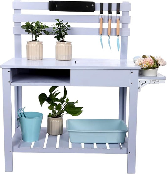Kids Potting Bench Table Outdoor Garden Table Wooden Work Station Outdoor Garden Work Bench Platform with 3 Side Hook Shelf Natural Wood Blue Gift for Boys Girls