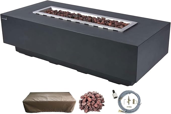 Elementi | Granville Gas Fire Pit Cast Concrete 60" Rectangular Fire Table, Outdoor Fire Pit Electronic Ignition | Canvas Cover, Lava Rock Included | Dark Gray (Natural Gas)