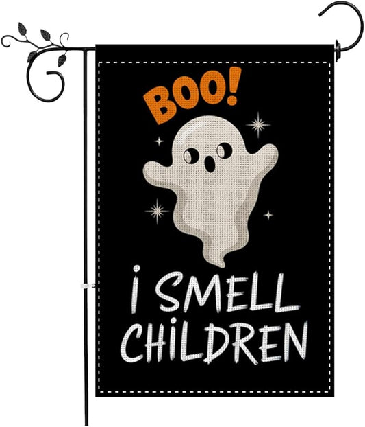 Fokongna Halloween Spooky Ghost BOO Garden Flag, I Smell Children Garden Flag Halloween Decor, 12x18 Inch Burlap Vertical Double Sided Flags, for Home Yard Outside Decorations