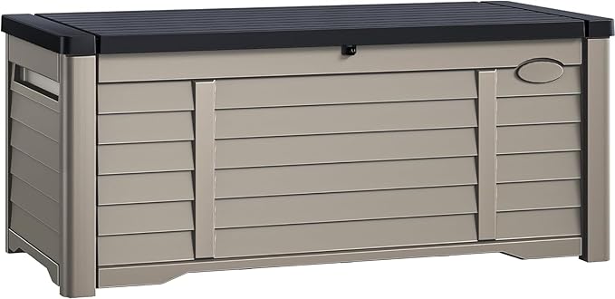 DWVO Large Deck Box 120 Gallon Waterproof Outdoor Storage Box, Extra Large Outdoor Bin, Resin Louvered Patio Storage for Pillows, Garden Tools & Pool Supplies, Lockable, Black&Brown