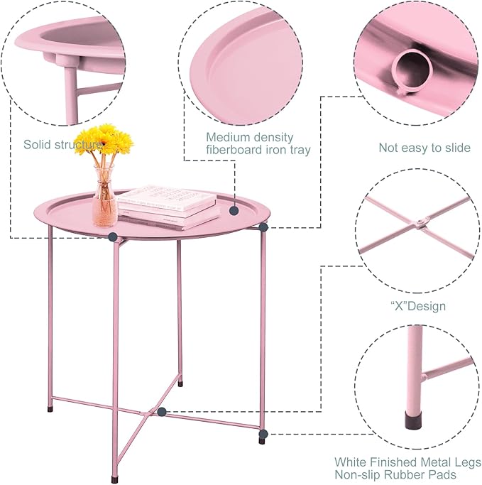 Garden 4 you End Table Set of 2, Outdoor Side Table, Small Patio Table Metal Side Table, Round Folding Side Table, for Outdoor and Living Room,Pink