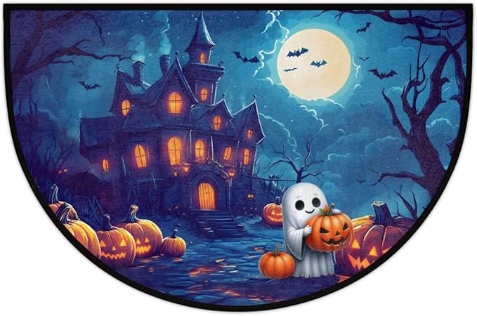 Halloween Half Round Door Mat, Halloween Castle Pumpkin Ghosts Semicircle Door Mats, Non Slip Area Rug Soft Doormat for Indoor Entrance Wear Resistant Welcome Mat for Garage Patio Home 24 x 36 In