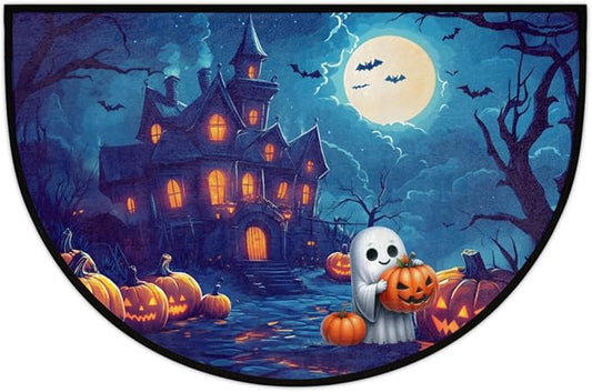 Halloween Half Round Door Mat, Halloween Castle Pumpkin Ghosts Semicircle Door Mats, Non Slip Area Rug Soft Doormat for Indoor Entrance Wear Resistant Welcome Mat for Garage Patio Home 24 x 36 In