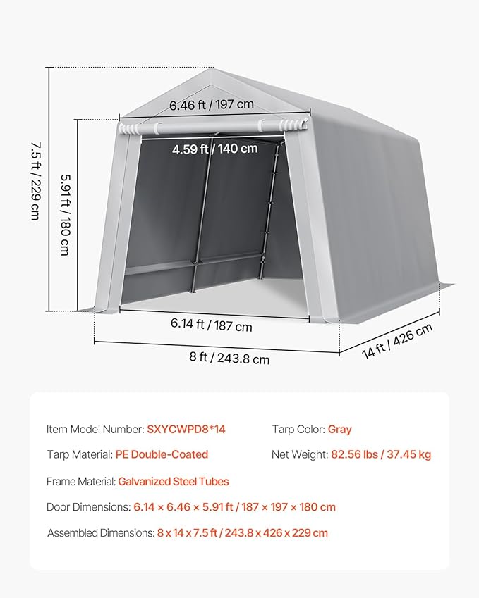 VEVOR Outdoor Storage Shed, 8 x 14 ft Portable Storage Tent with Roll-up Door & Vents, Waterproof Canopy Shed Shelter, Heavy Duty Frame, Patio Garage Carport for Motorcycle, Lawn Mower, Bike, Grey