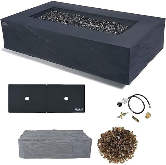 Elementi+ | Cape Town Gas Fire Pit Cast Concrete 56" Rectangular Fire Table, Outdoor Fire Pit Electronic Ignition | Canvas Cover, Fire Glass and Burner Lid Included | Dark Gray | Propane Gas