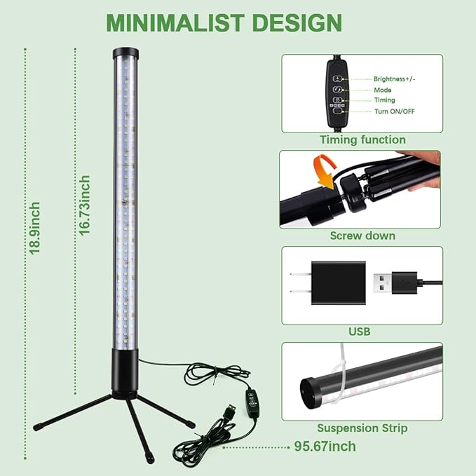 T10 Vertical Grow Light, 6000K Full Spectrum Desktop Plant Light 16.7",Hung or Stood, with 3 Modes & 5 Dimming Levels, Suitable Small & Medium Plants Indoors, Auto On Off Timing 4/8/12/18Hrs (1)