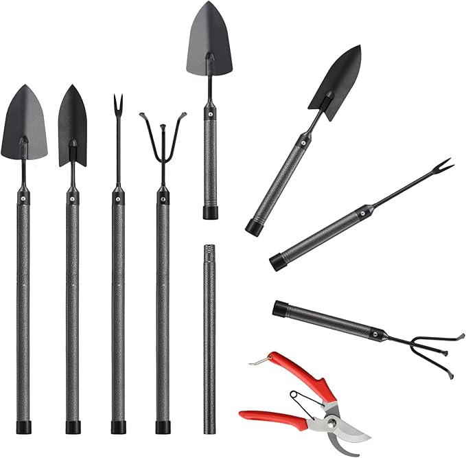 Garden Tool Set, 5Pcs Garden Tools with Extensions, Heavy Duty Rustproof Metal Gardening Tool Shovel Weeder Tiller Pruning Shear Gardening Supplies Garden Gifts for Women Kids