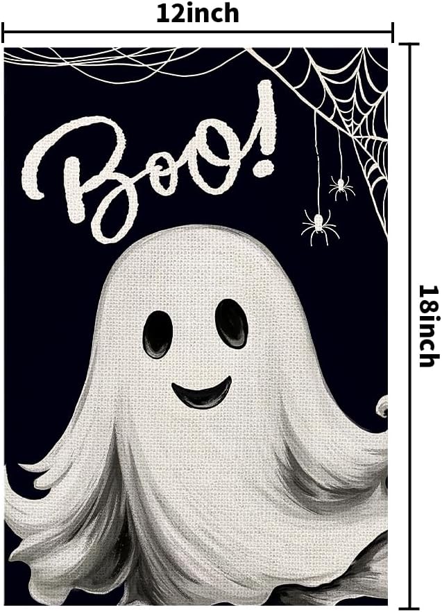 Halloween Ghost Garden Flags for Outside 12x18 Double Sided Burlap, Spooky Boo Sign Welcome Small Flag Farmhouse Holiday Yard Lawn Outdoor Decorations DF886