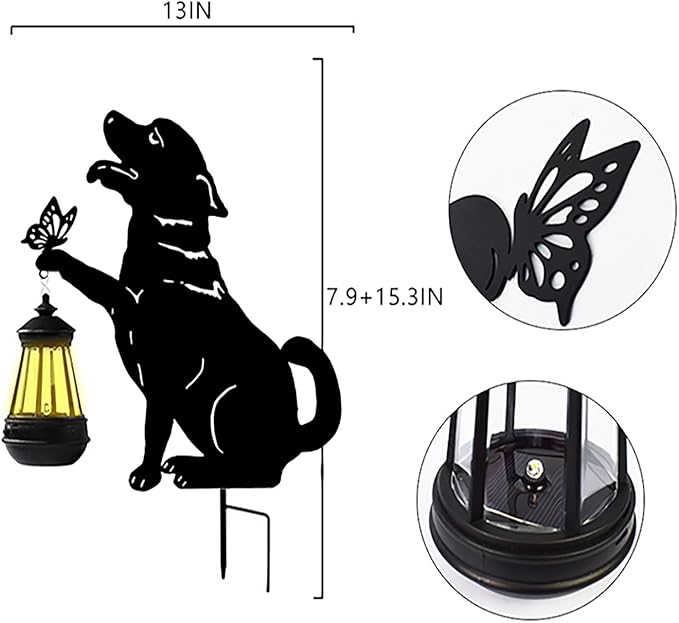 Solar-Powered Black Dog Garden Decor Stakes - Metal Silhouette Figurine for Outdoor Yard, Lawn, and Patio Decoration
