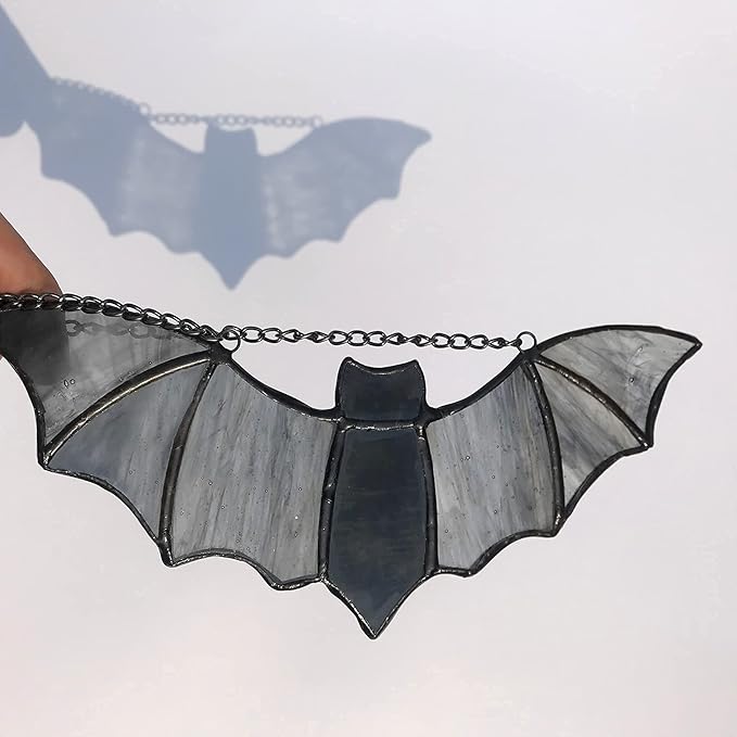 Raven on Moon Stained Glass Window Hangings,Crow Suncatcher Halloween Decorations, Handmade Raven Birds Sun Catchers Indoor Window Gothic Home Decor (Bat C)