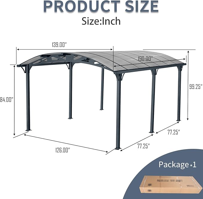 KEIKI 12x16x8 FT Aluminum Metal Outdoor Carport with Polycarbonate Roof,Heavy Duty Vehicle Shed Canopy for Car,Truck and Boats
