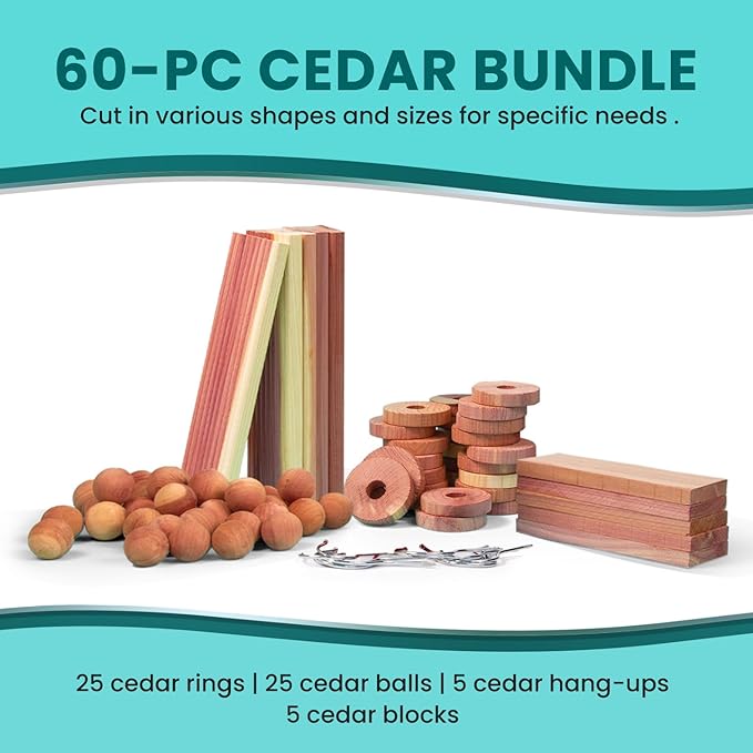 60 Variety Pack - Cedar for Closets - Cedar Balls for Clothes Storage - Cedar Closet Protection Cedar Hang-Ups - Natural Cedar Hanger Rings - Cedar Scented Balls Cedar Air Freshener for Closet