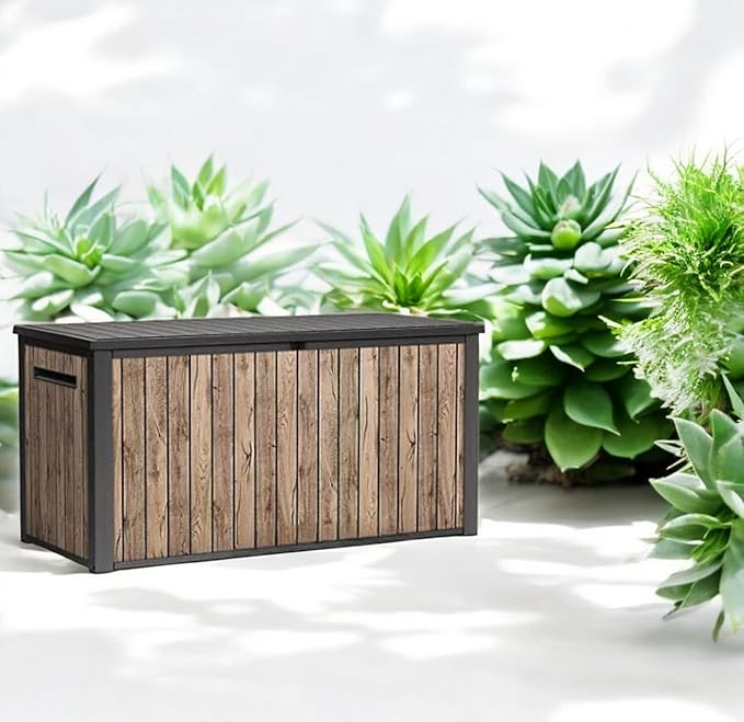 Outdoor Storage Box with Lockable Lid - Weather-Resistant and Stylish (Ash Wood Brown, 170)